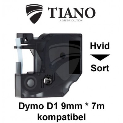 Dymo D1 standardtape 40921 9mm*7m Hvid på Sort label kompatibel