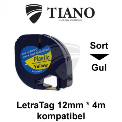 Dymo LetraTAG plasttape 91222 Sort på Gul 12mm*4m kompatibel