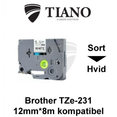 Brother TZe-231 sort tekst på hvid lamineret tape 12 mm*8 m kompatibel