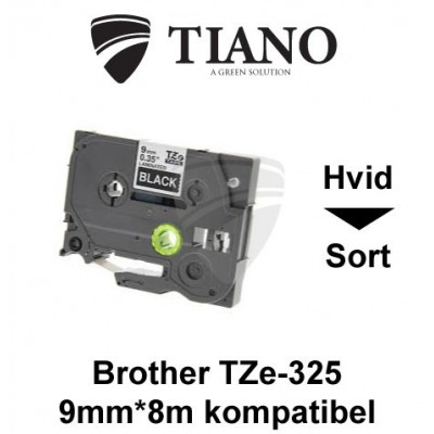 Brother TZe-325 hvid tekst på sort lamineret tape 9 mm*8 m kompatibel