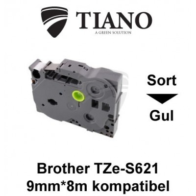 Brother TZe-S621 sort på gul stærkt klæbende lamineret tape 9mm*8m kompatibel 