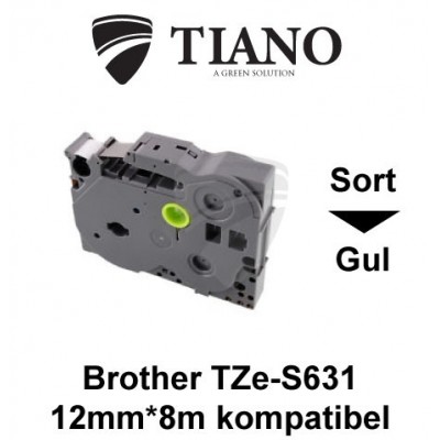 Brother TZe-S631 sort på gul stærkt klæbende lamineret tape 12mm*8m kompatibel 